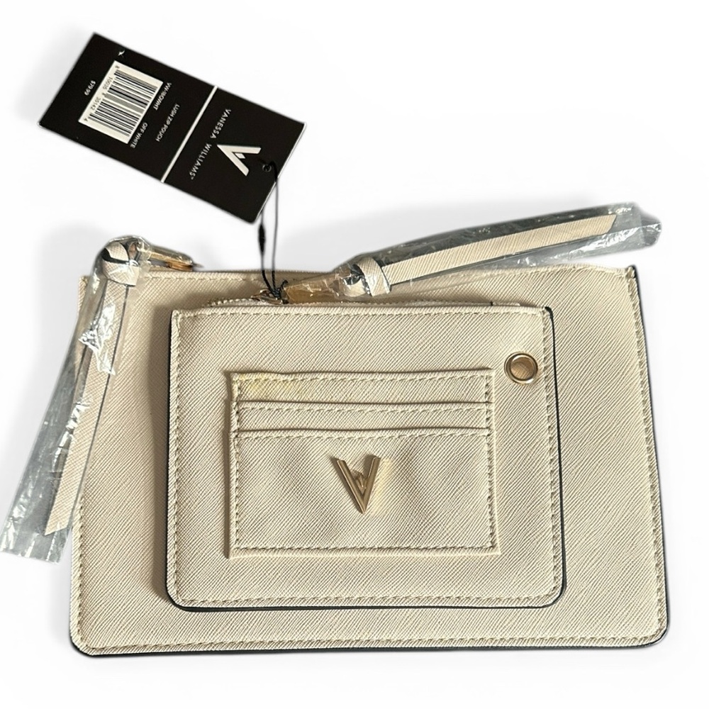 Vanessa Williams Cream Wristlet Clutch with Gold V Accent NWT